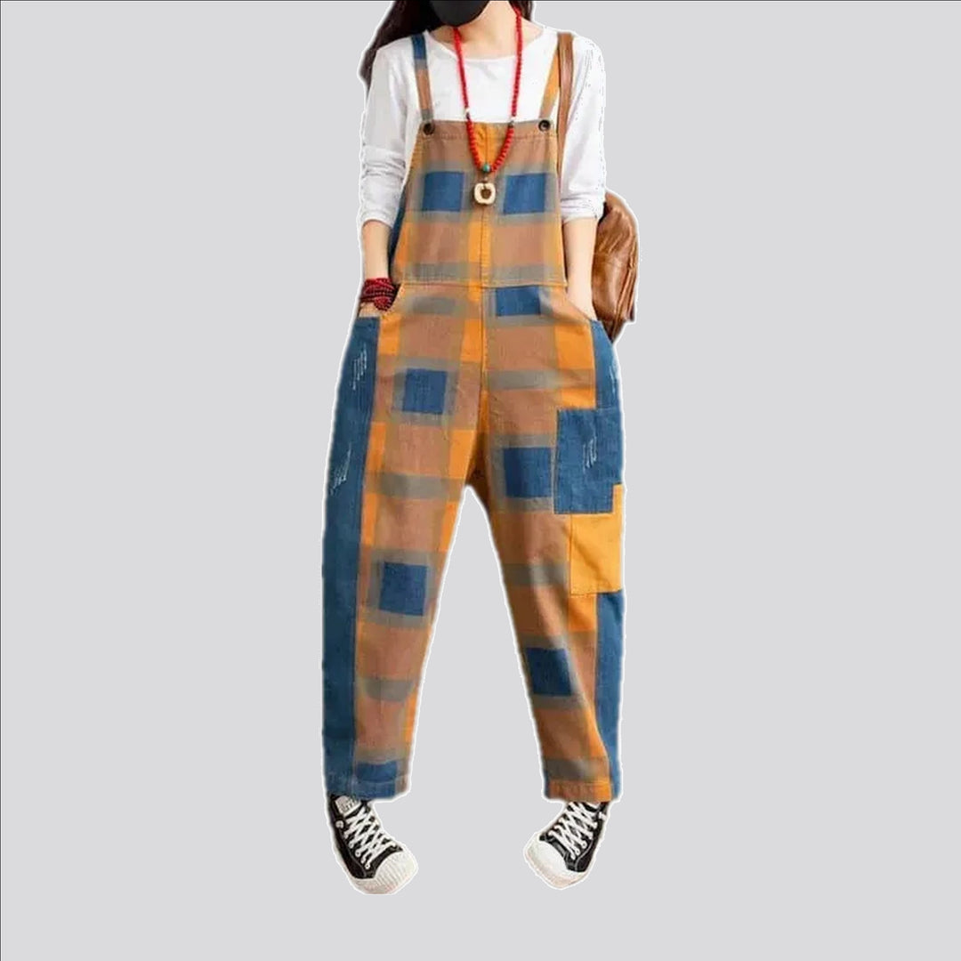 Mixed patterns stylish baggy women's denim bib