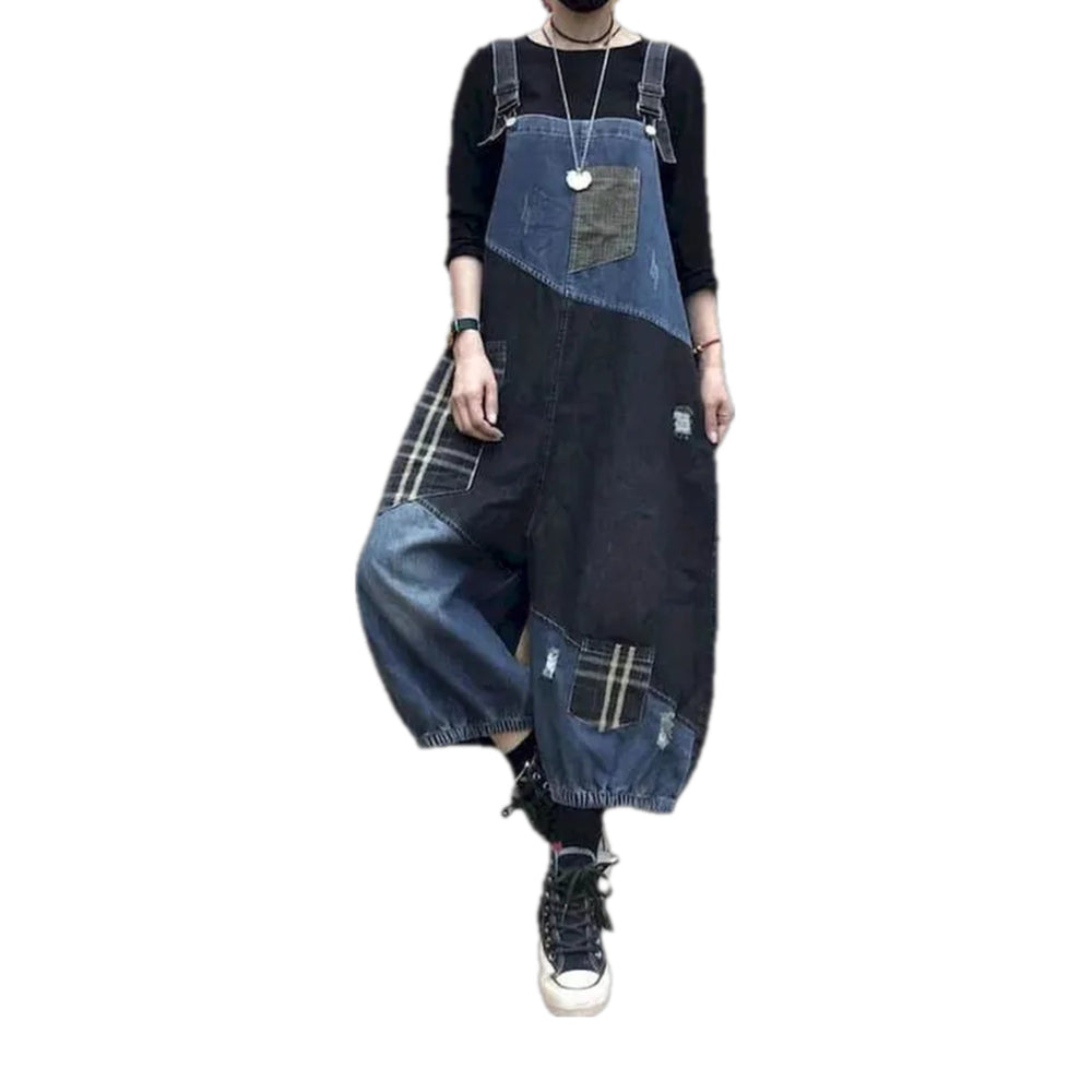 Chic Boho Checkered Fit Denim Bib for Women - Dark Blue