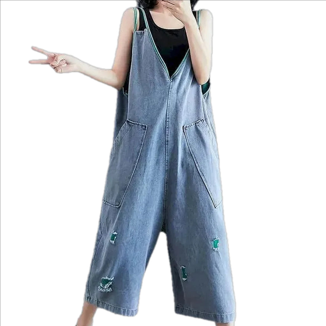 Stylish Baggy-leg Worn Women's Denim Dungaree - Light Blue