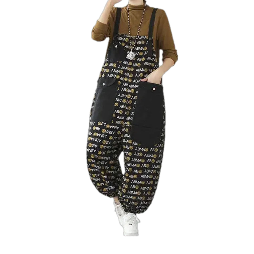 Boho Style Cargo Pockets Women's Jeans Overall - Black