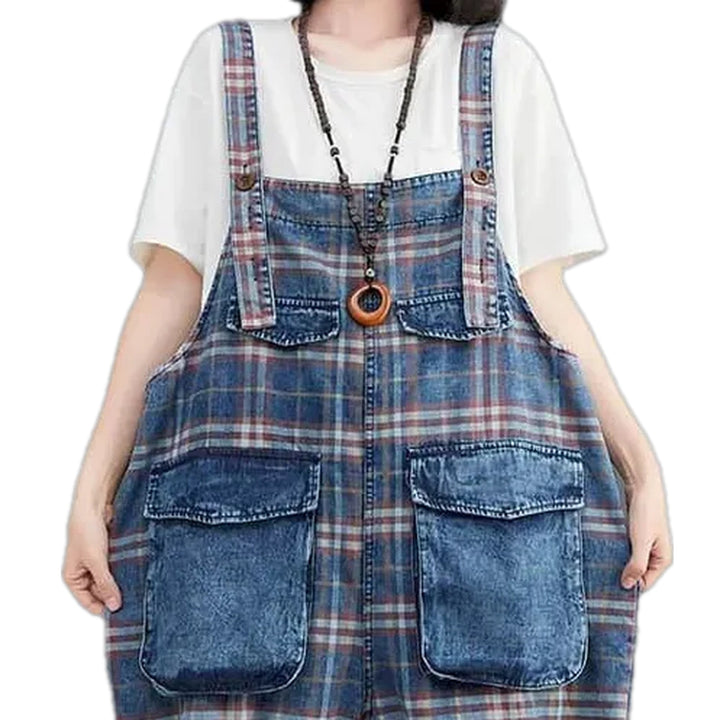 Checkered Pattern Baggy Women's Denim Overall - Blue