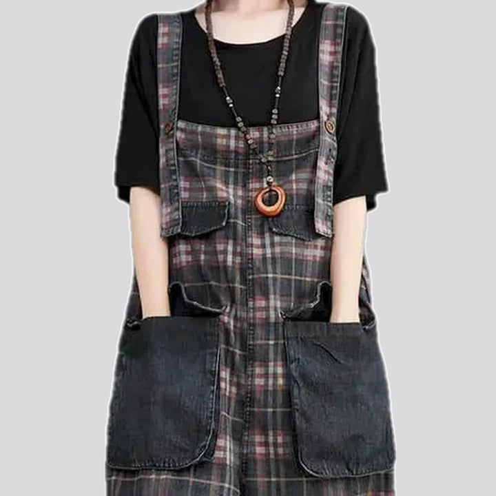 Checkered pattern baggy women's denim overall