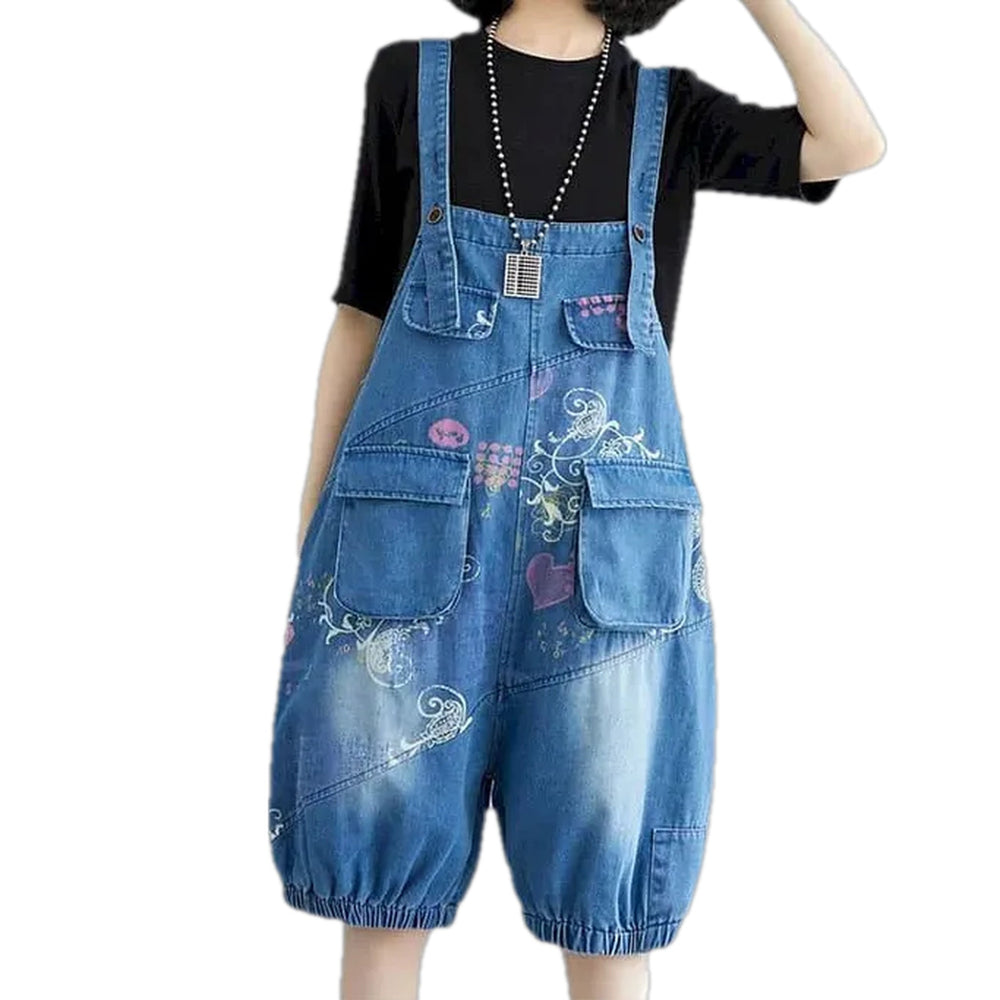 Floral Style Women's Jeans Overall - Blue