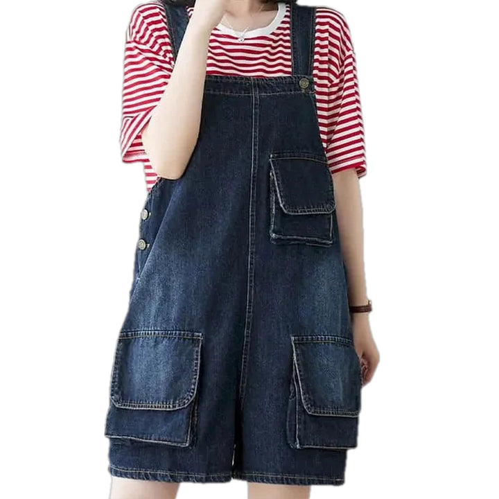 Boho Style Cargo Pockets Women's Jean Overall - Dark Blue