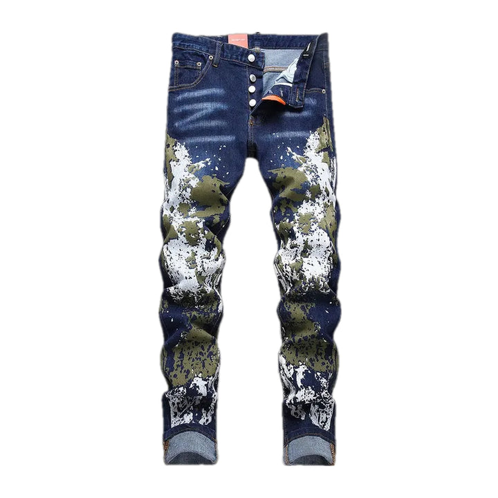 Painted Graphic Stretchable Men's Jeans - Dark Blue