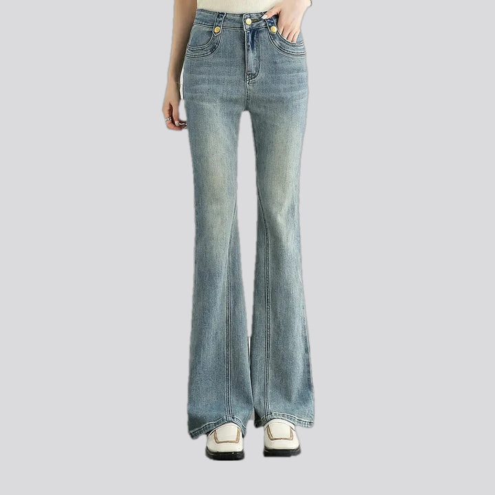 Fashionable mid-waist creased women's jeans