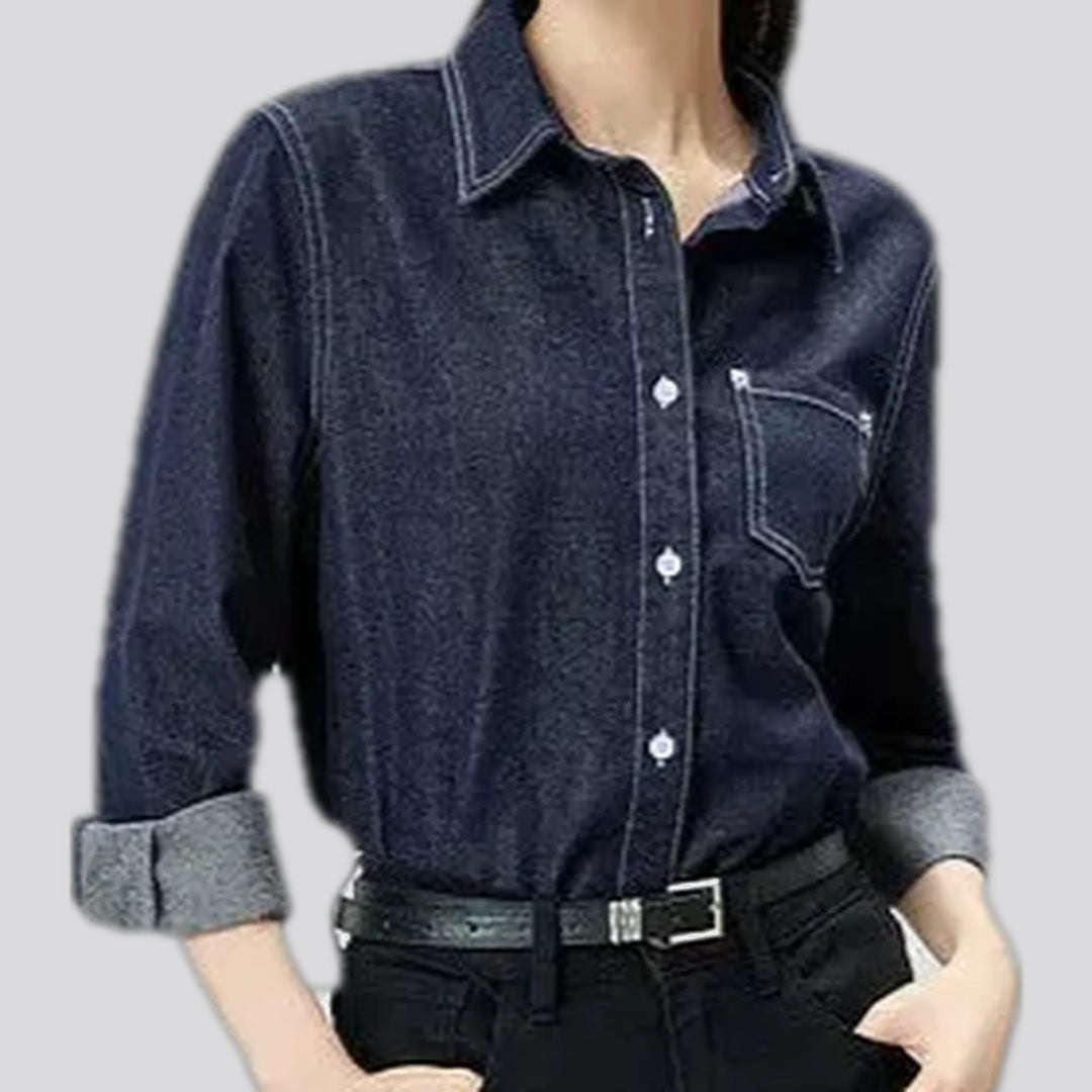 Linen casual style dark women's denim shirt