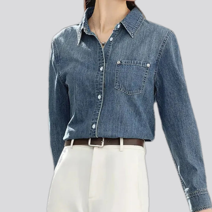 Linen casual style dark women's denim shirt