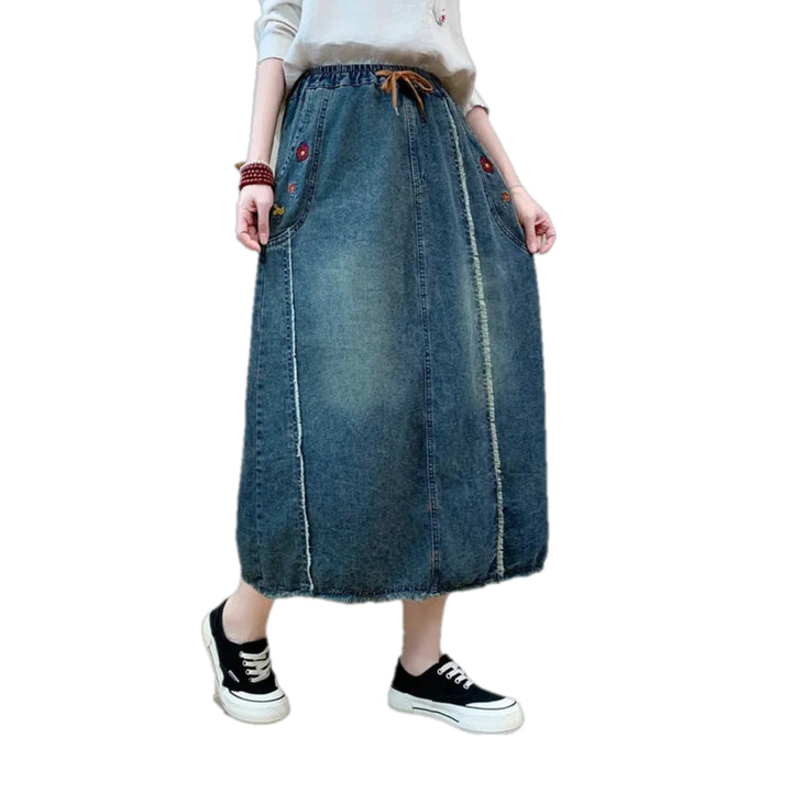 Distressed High Waist Jean Skirt - Blue