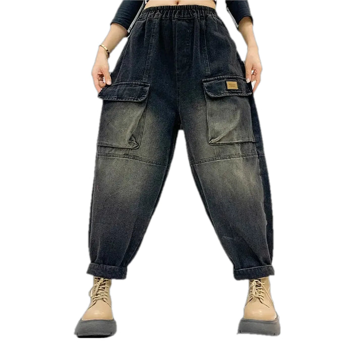 Baggy Fit Cargo Pocket Denim Joggers for Women - Black