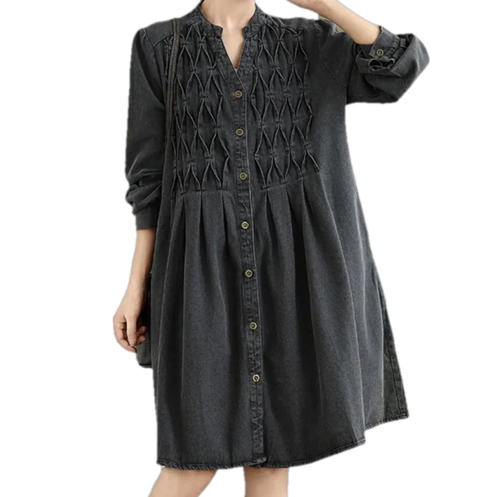 Boho Casual Lattice Denim Dress - Grey