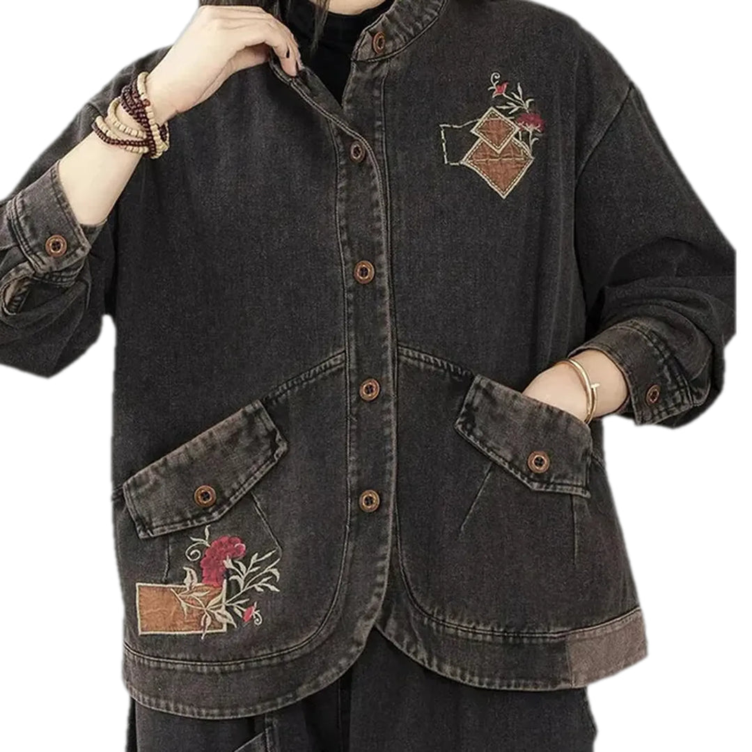 Embroidered Jeans Chore Jacket for Ladies - Black