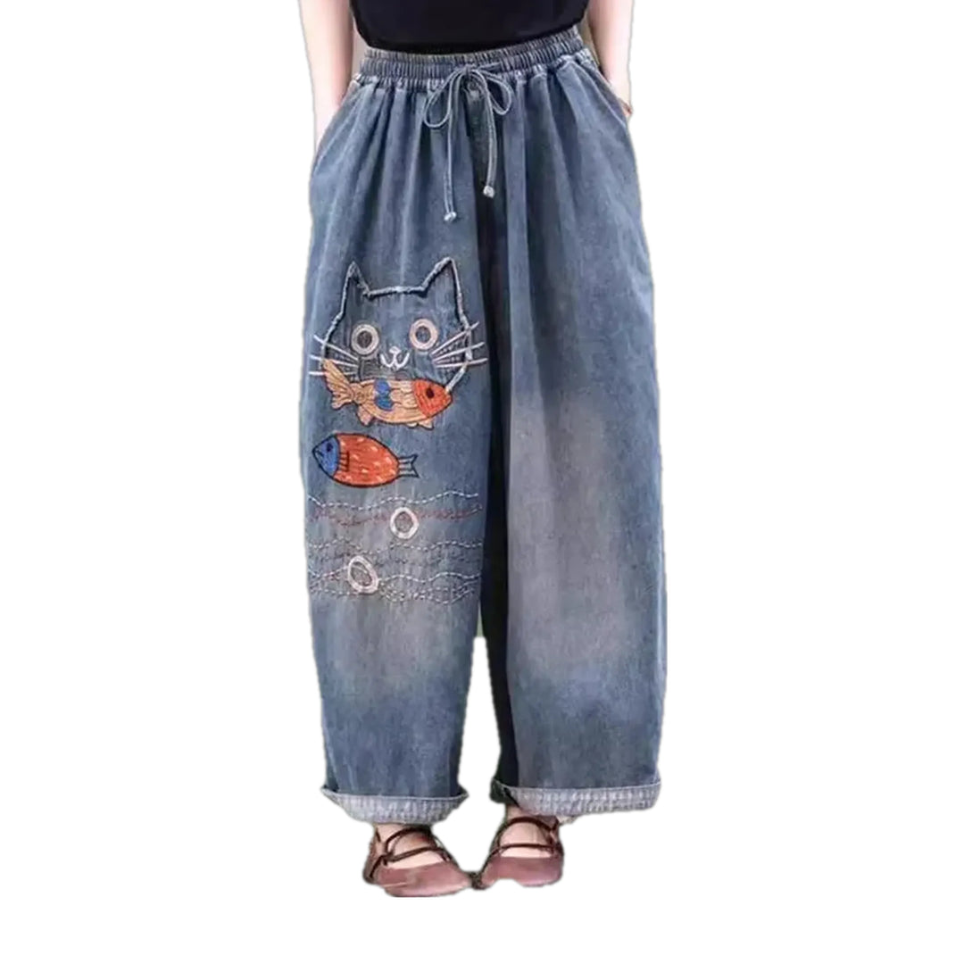 Mid Rise Boho Cat Design Women's Jean Pants - Blue