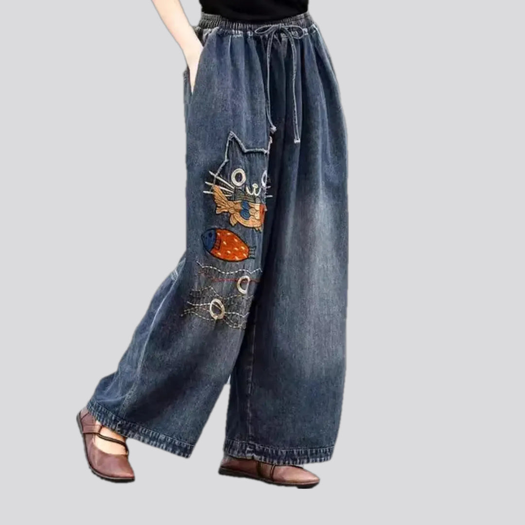 Mid rise boho cat design women's jean pants