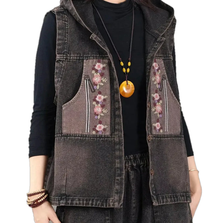 Boho Style Embroidered Women's Jeans Vest - Grey