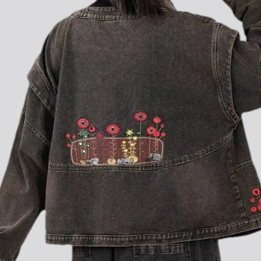 Floral collarless retro women's jean jacket