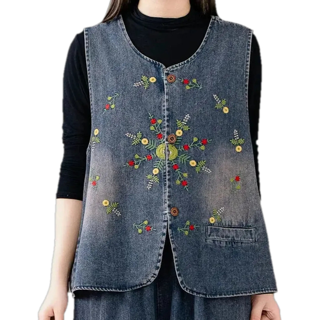 Embroidered Women's Jean Vest - Grey