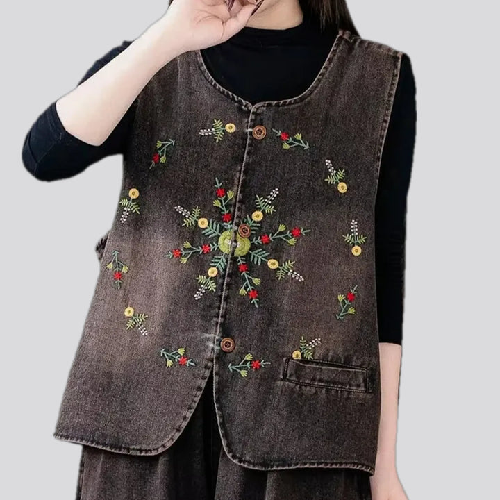 Embroidered women's jean vest