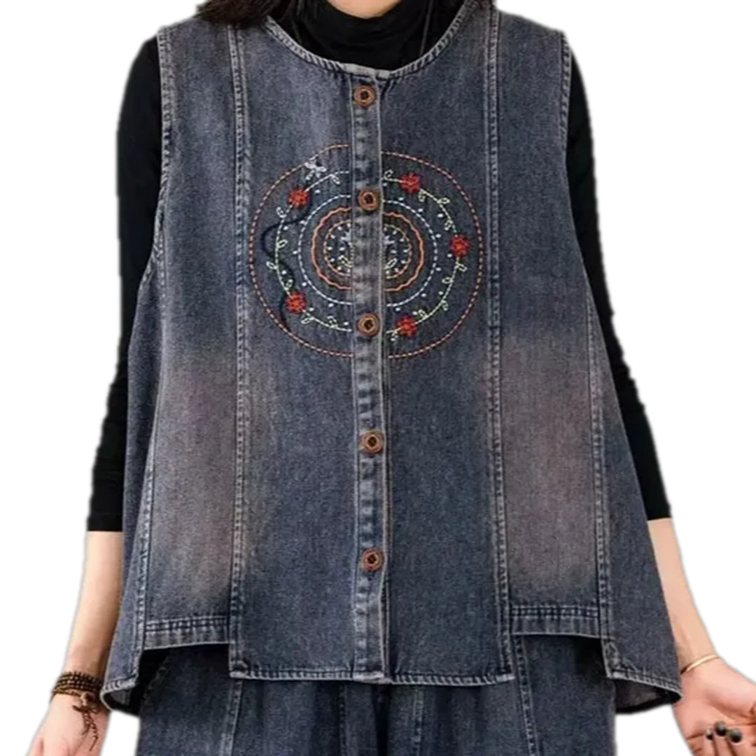 Boho Style Oversized Women's Jean Vest - Blue