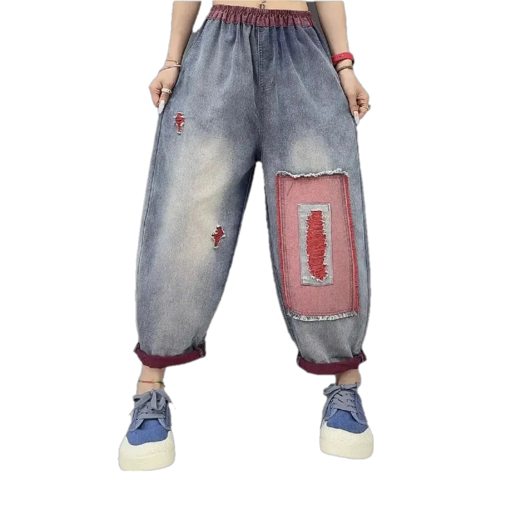 Mid Rise Denim Joggers for Women - Red