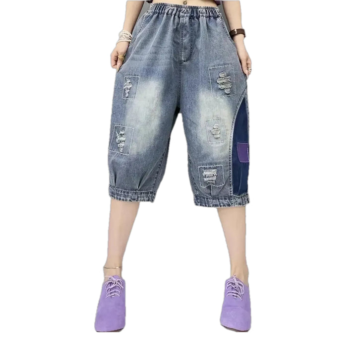 Patchwork Boho Style Women's Jeans Shorts - Blue