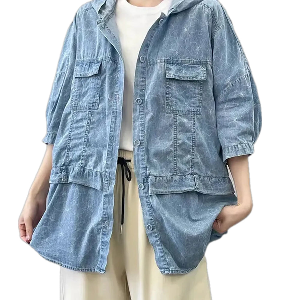 Floral Women's Jeans Jacket - Light Blue