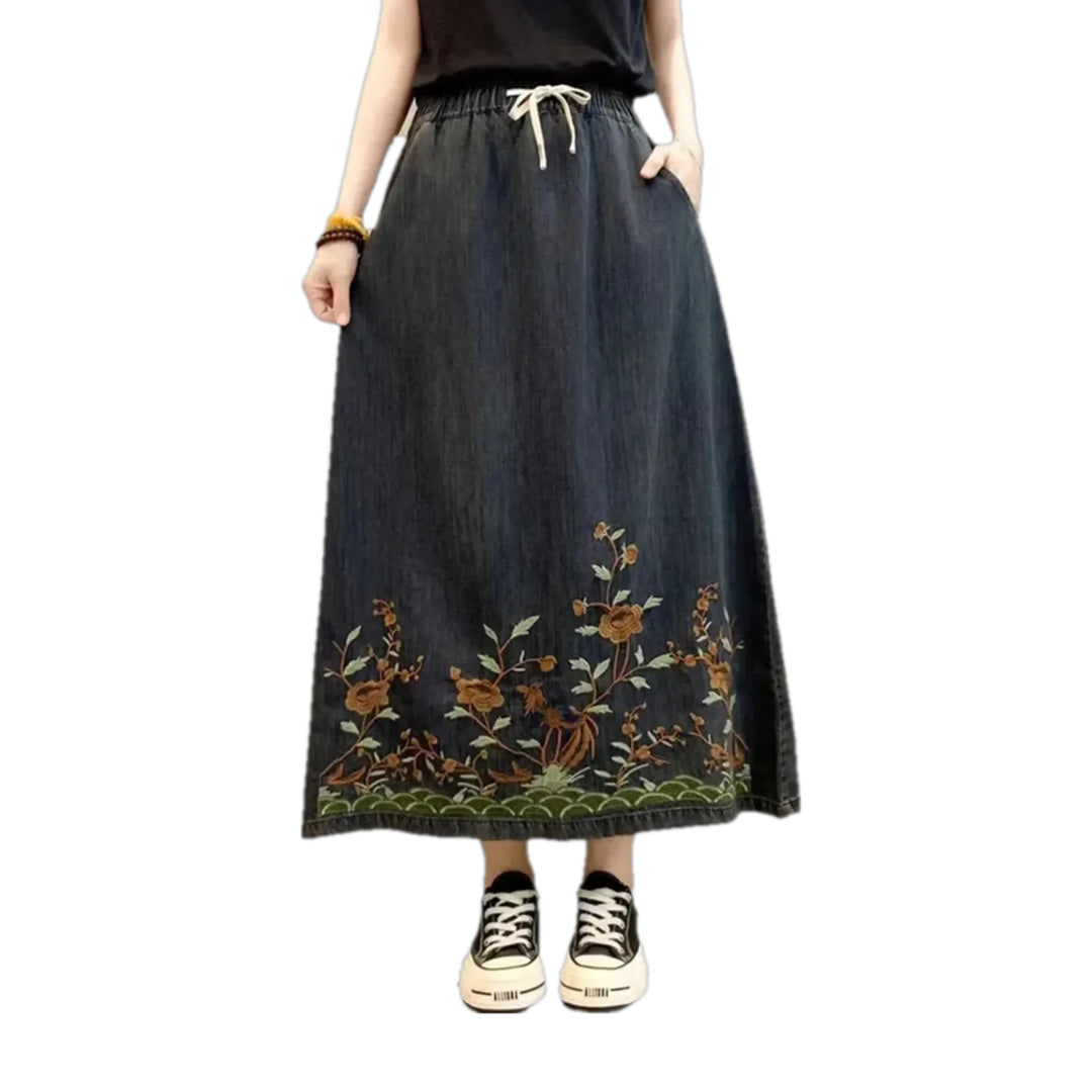 High Waist Botanical Jeans Skirt - Dark Blue