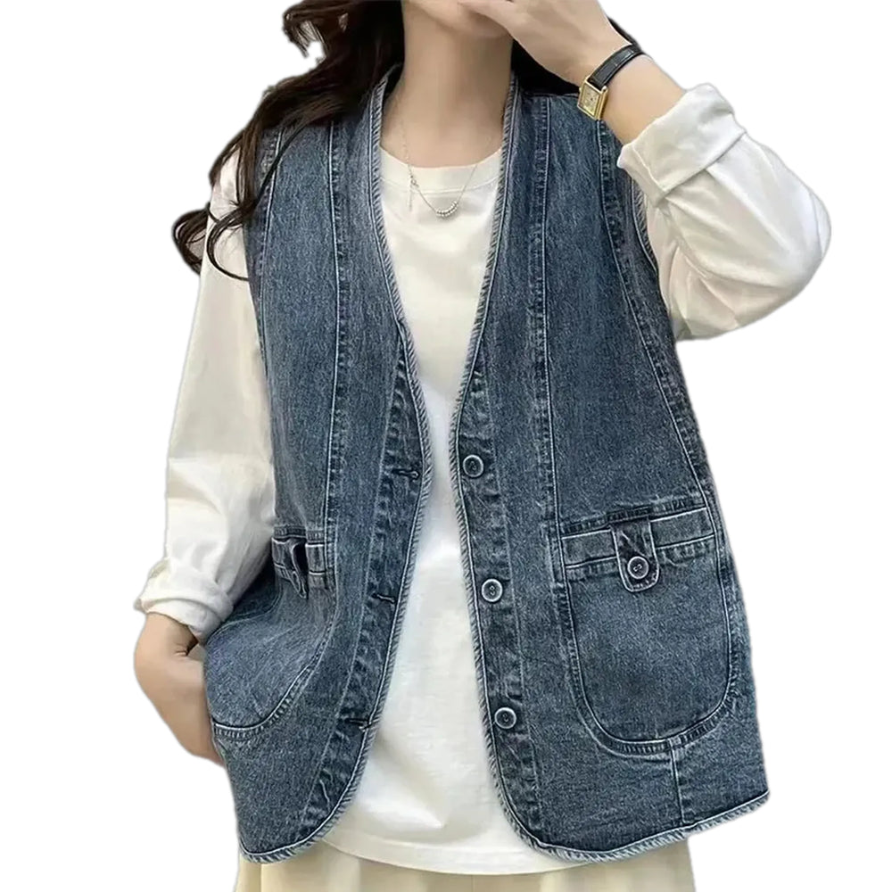 Casual Oversized Women's Jean Vest - Blue