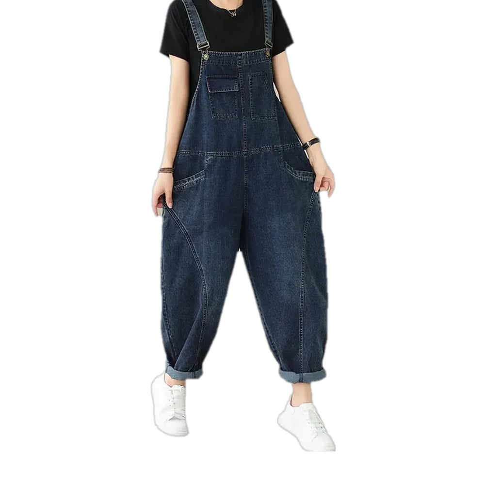 Slouchy Dark 90s Style Women's Denim Dungaree - Dark Blue