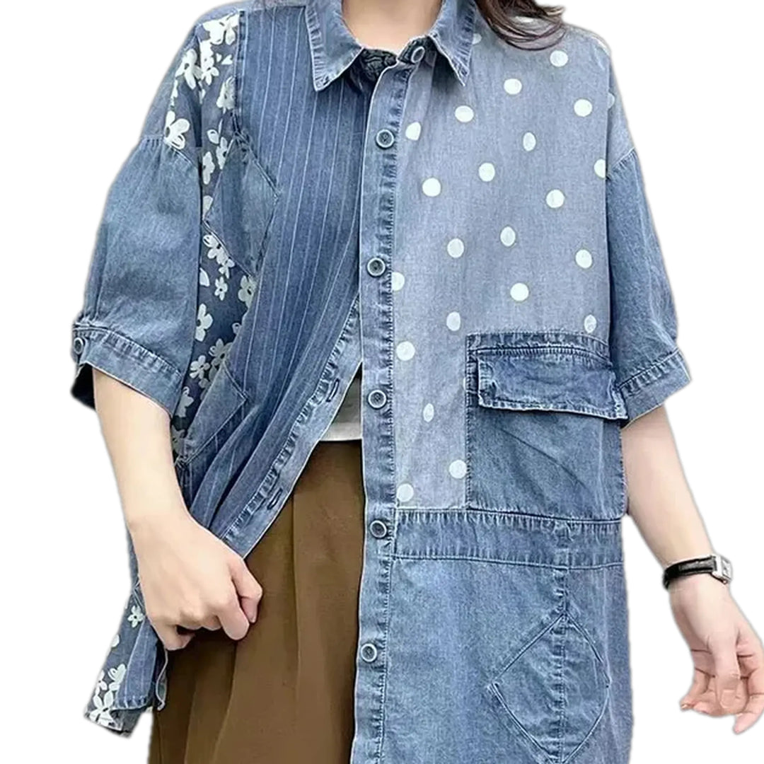 Fashionable Striped Patchwork Women's Jean Shirt - Light Blue