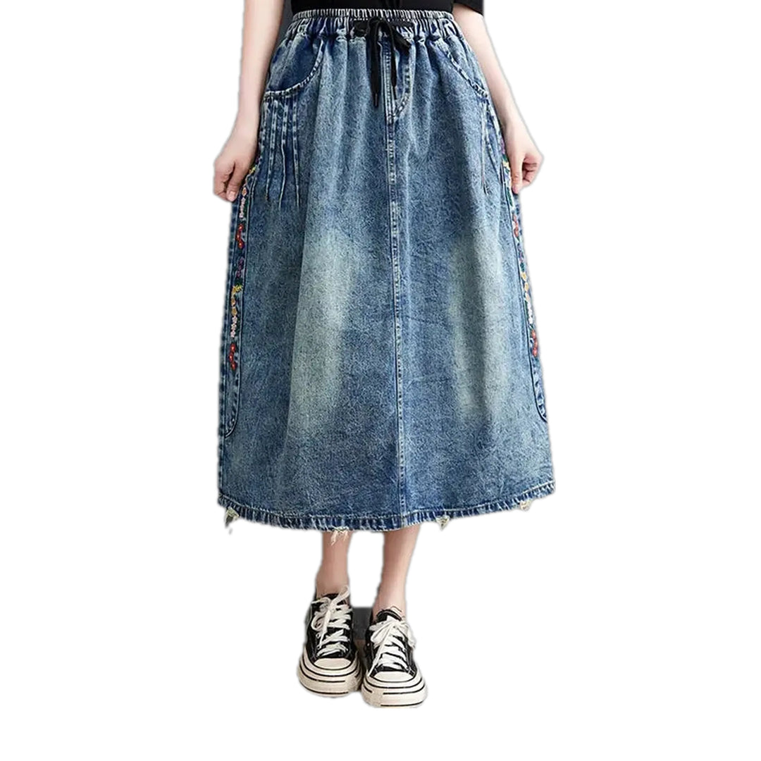 Boho Style Raw Hem Denim Skirt - Blue