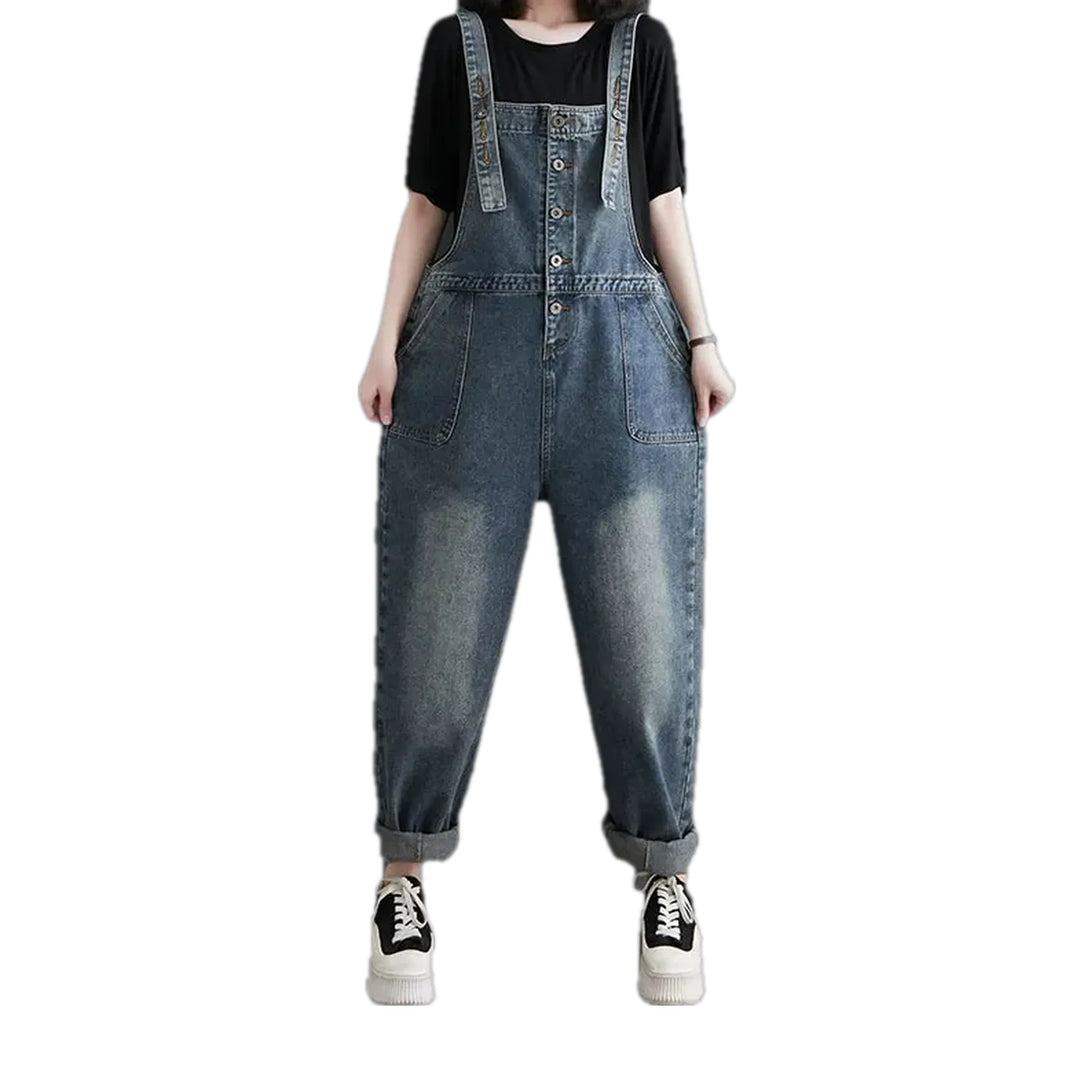 Stylish Baggy Vintage Abraded Women's Jeans Bib - Blue