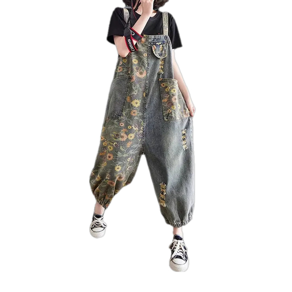 Retro Boho Fashion Baggy Women's Denim Dungaree - Grey