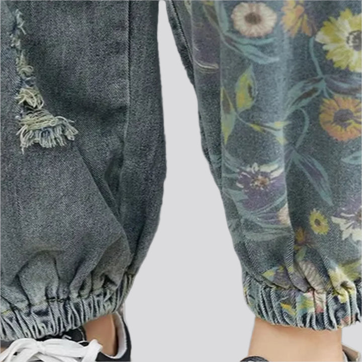 Trendy floral boho baggy women's jeans dungaree