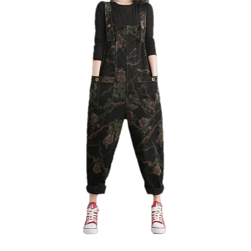 Baggy Fit Floral Pattern Women's Denim Overall - Black