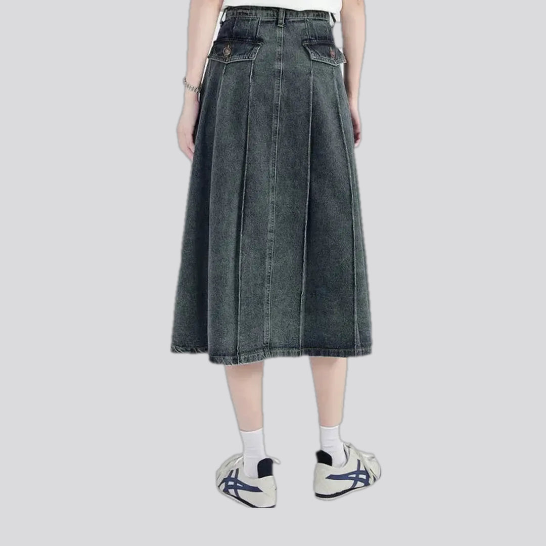 Plaited casual midi denim skirt