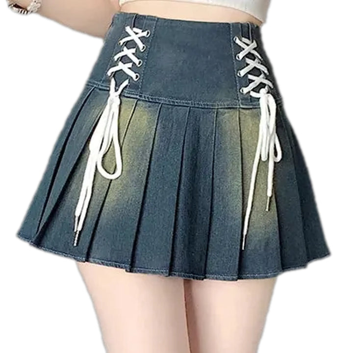 High Waist Bleached Denim Skort - Dark Blue