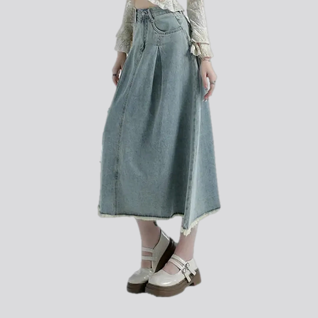 High waist pleated casual jean skirt