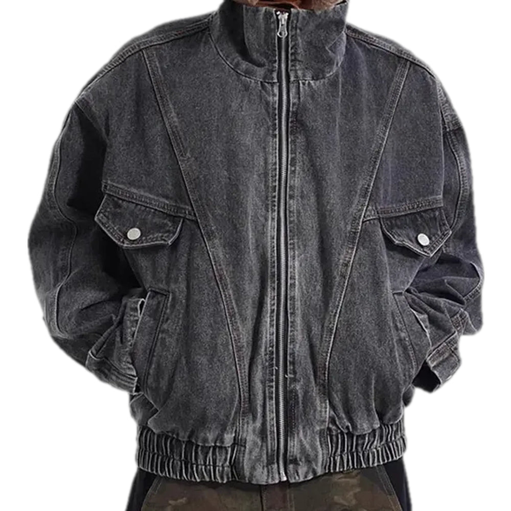 Retro Oversized Men's Denim Bomber Jacket - Grey