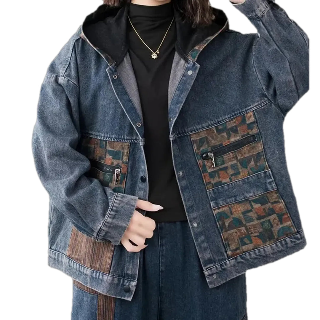 Casual Ethnic Oversized Women's Jeans Jacket - Blue