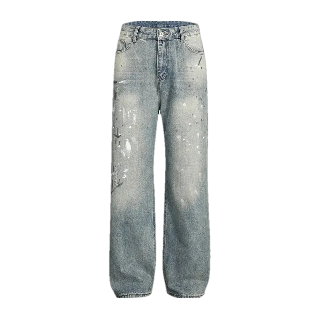 Light Sanded Fashion Baggy Men's Jeans - Light Blue