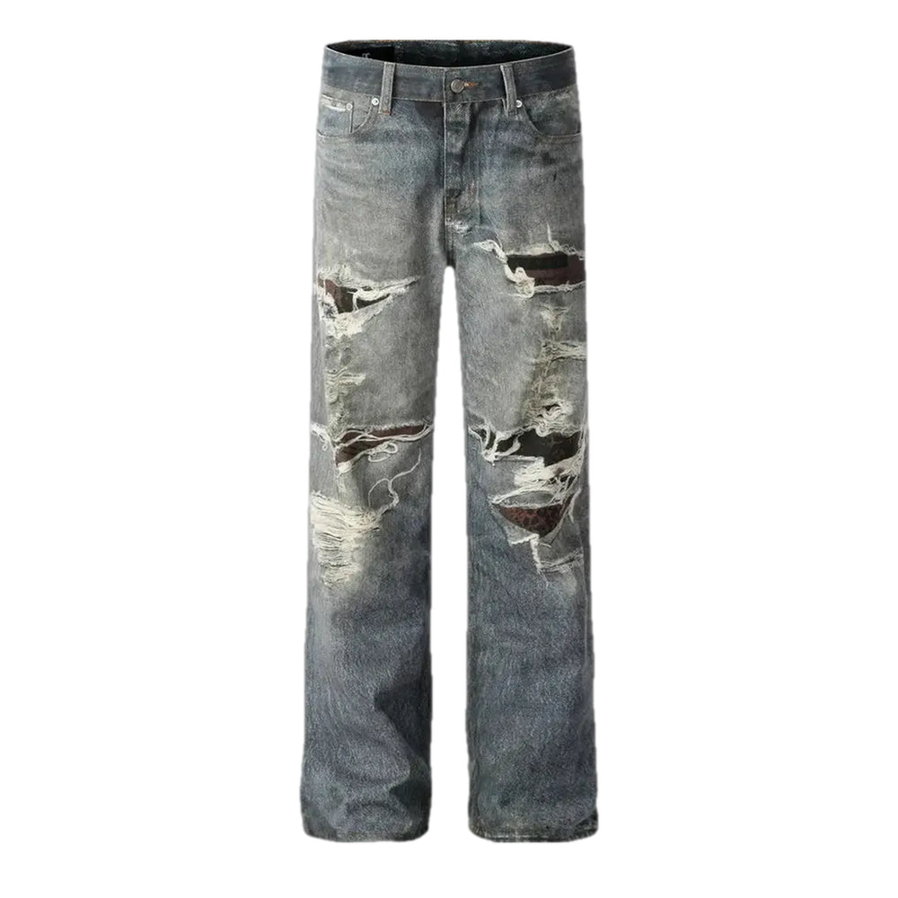 Straight Fit Torn Grunge Men's Jeans - Grey