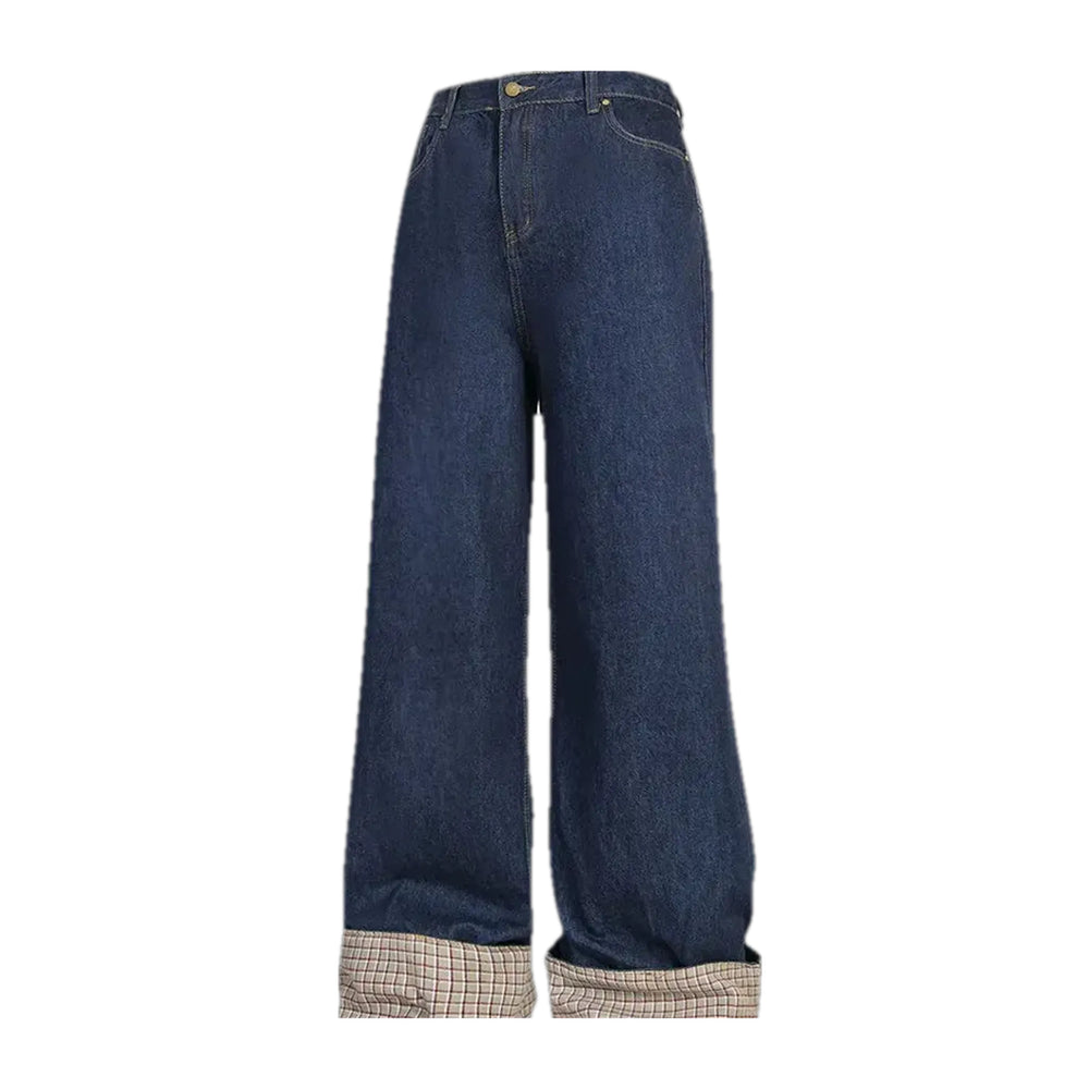 Mid-rise Plaid Cuffs Jeans for Men - Dark Blue