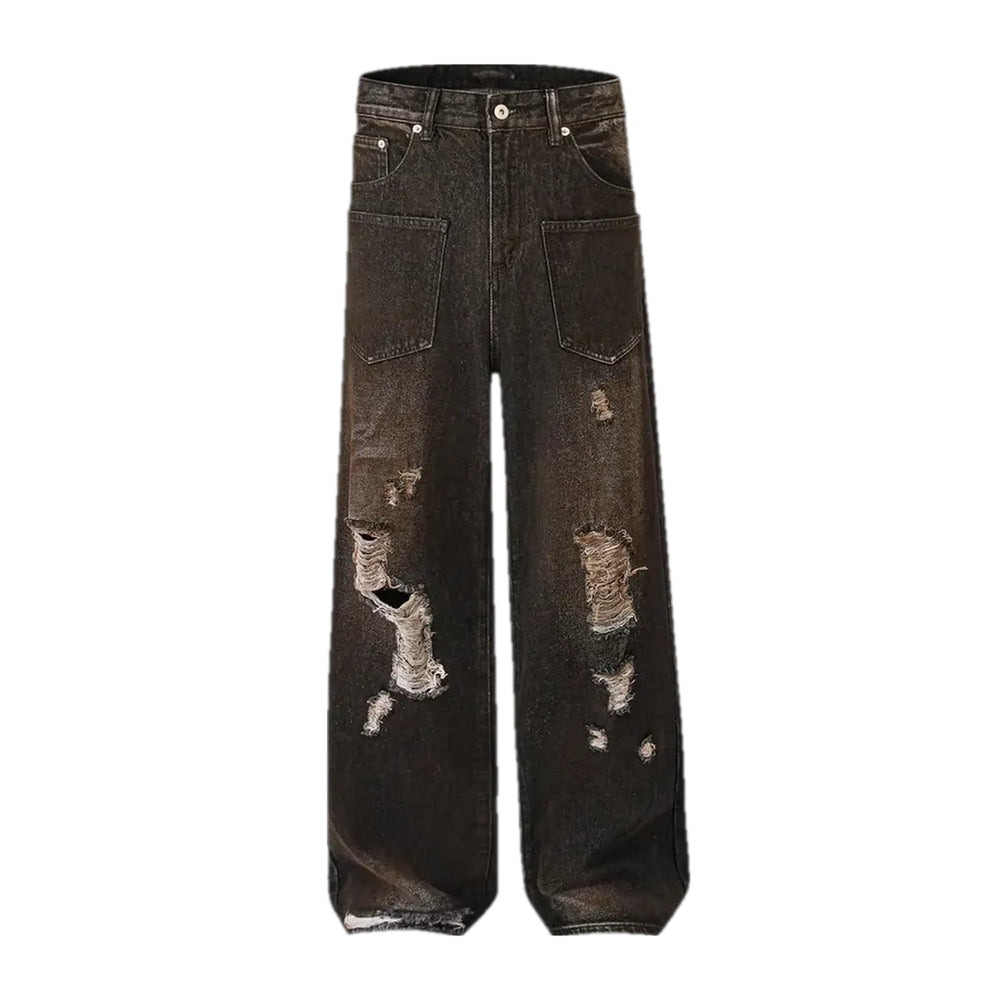 Vintage Frayed Baggy-leg Jeans for Men - Brown