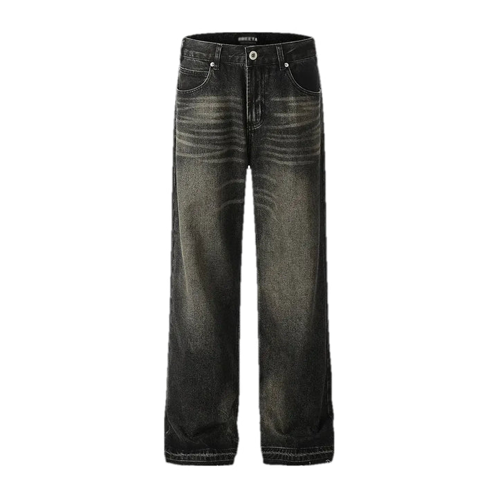 Whiskered Raw Hem Fashion Men's Jeans - Black