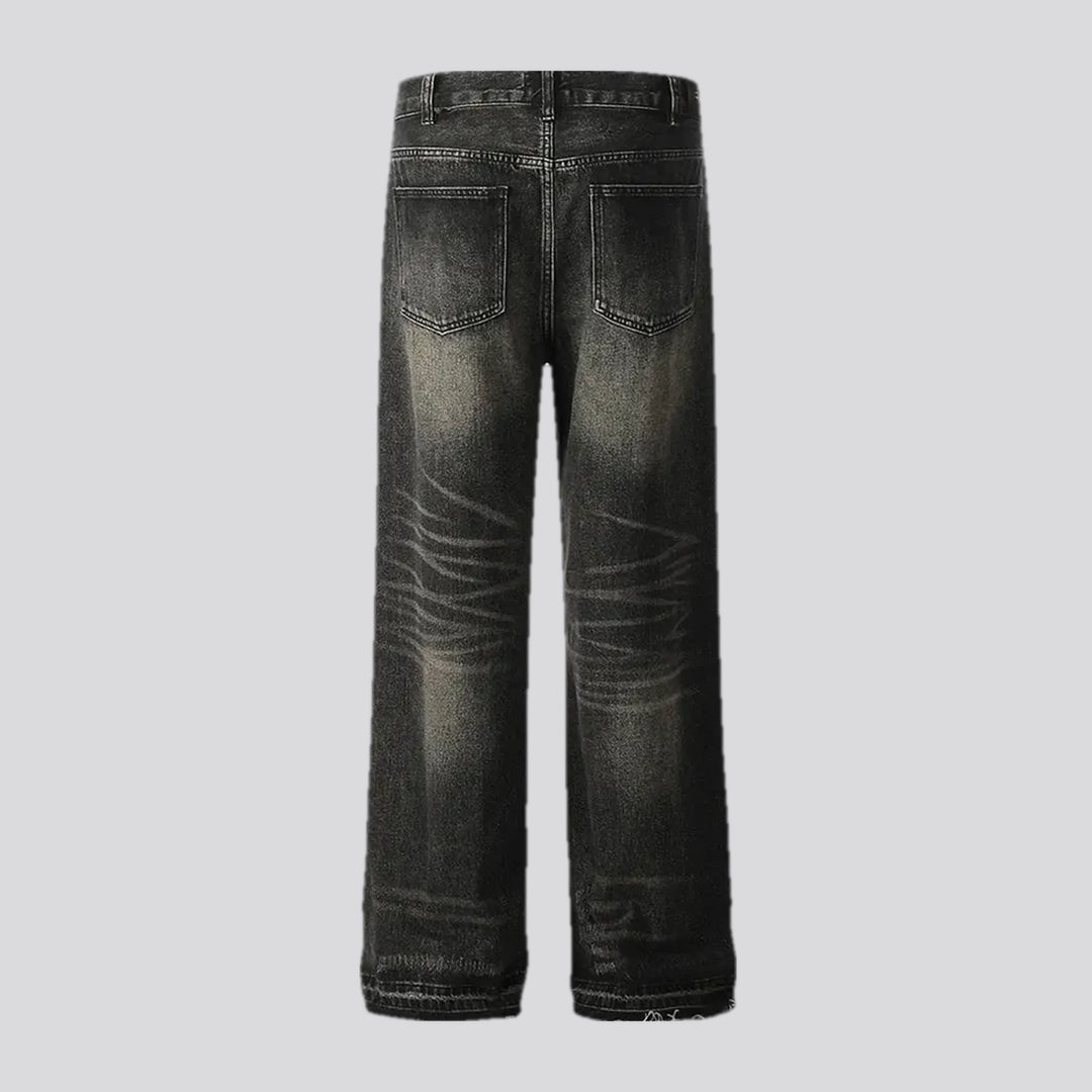 Whiskered raw hem fashion men's jeans