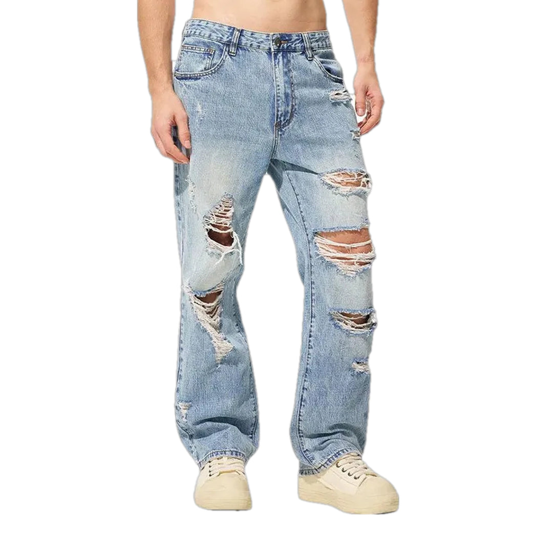 Loose Fitting Cutout Grunge Men's Jeans - Light Blue