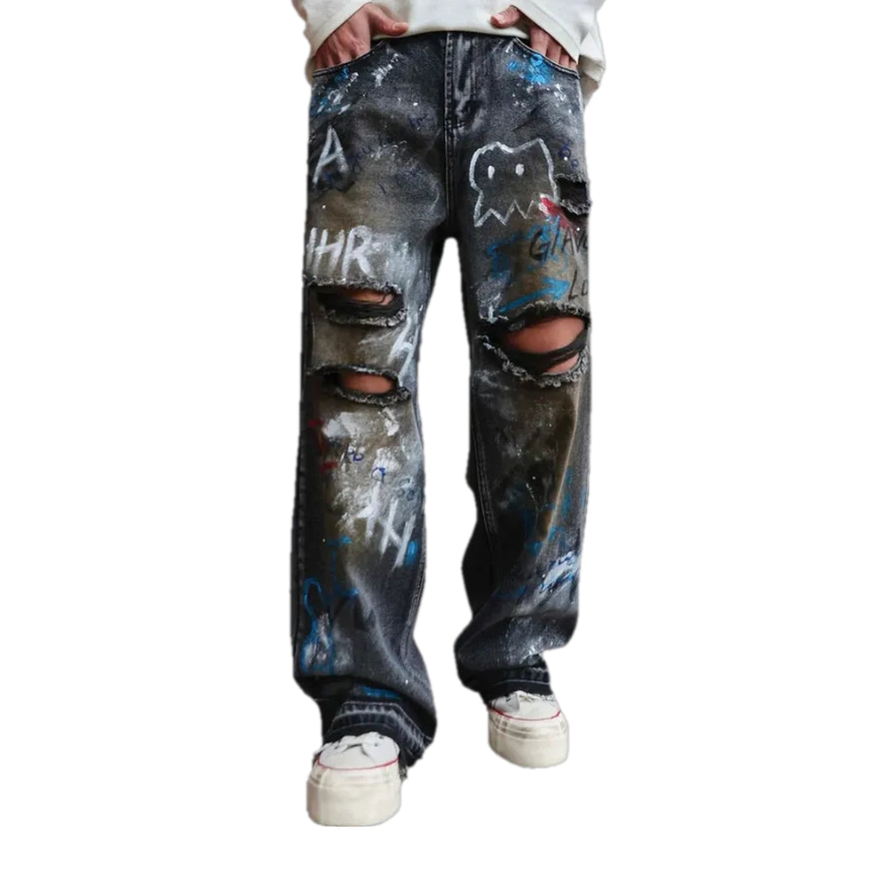 Artistic Painted Baggy Men's Jeans - Black