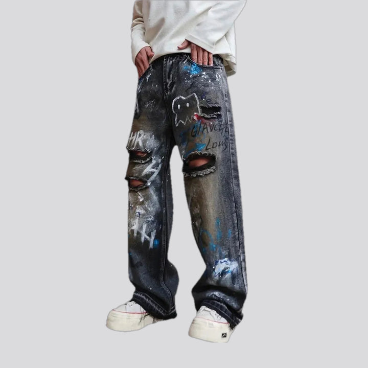 Artistic painted baggy men's jeans