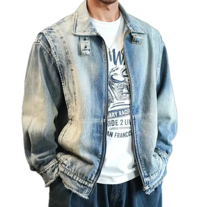 Lightweight Faded Grunge Jeans Jacket for Men - Light Blue